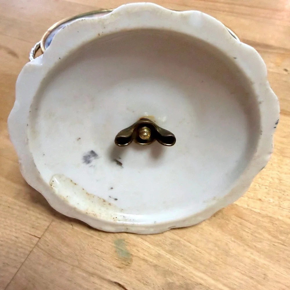 Vintage Floral Porcelain Mirror Base Swivel Vanity Gold Tone Round Tabletop